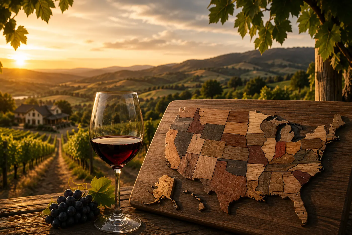Vineyard rows at sunset - the best winery in every US state