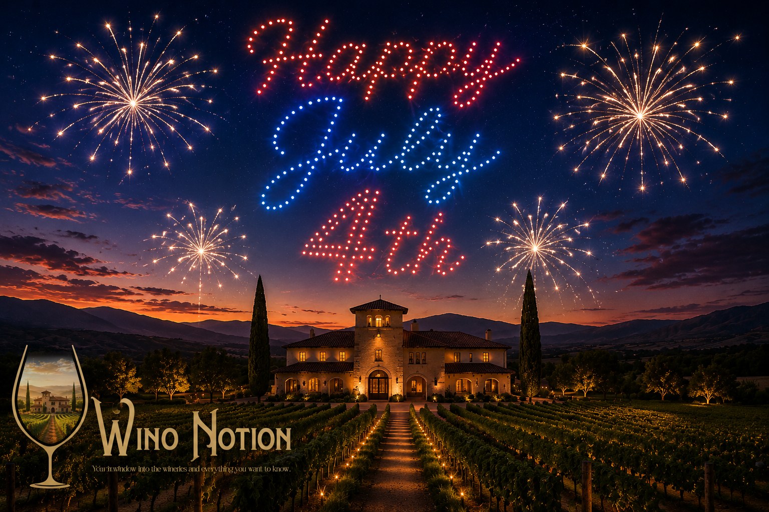 Fireworks spelling Happy July 4th over a candlelit vineyard estate at dusk