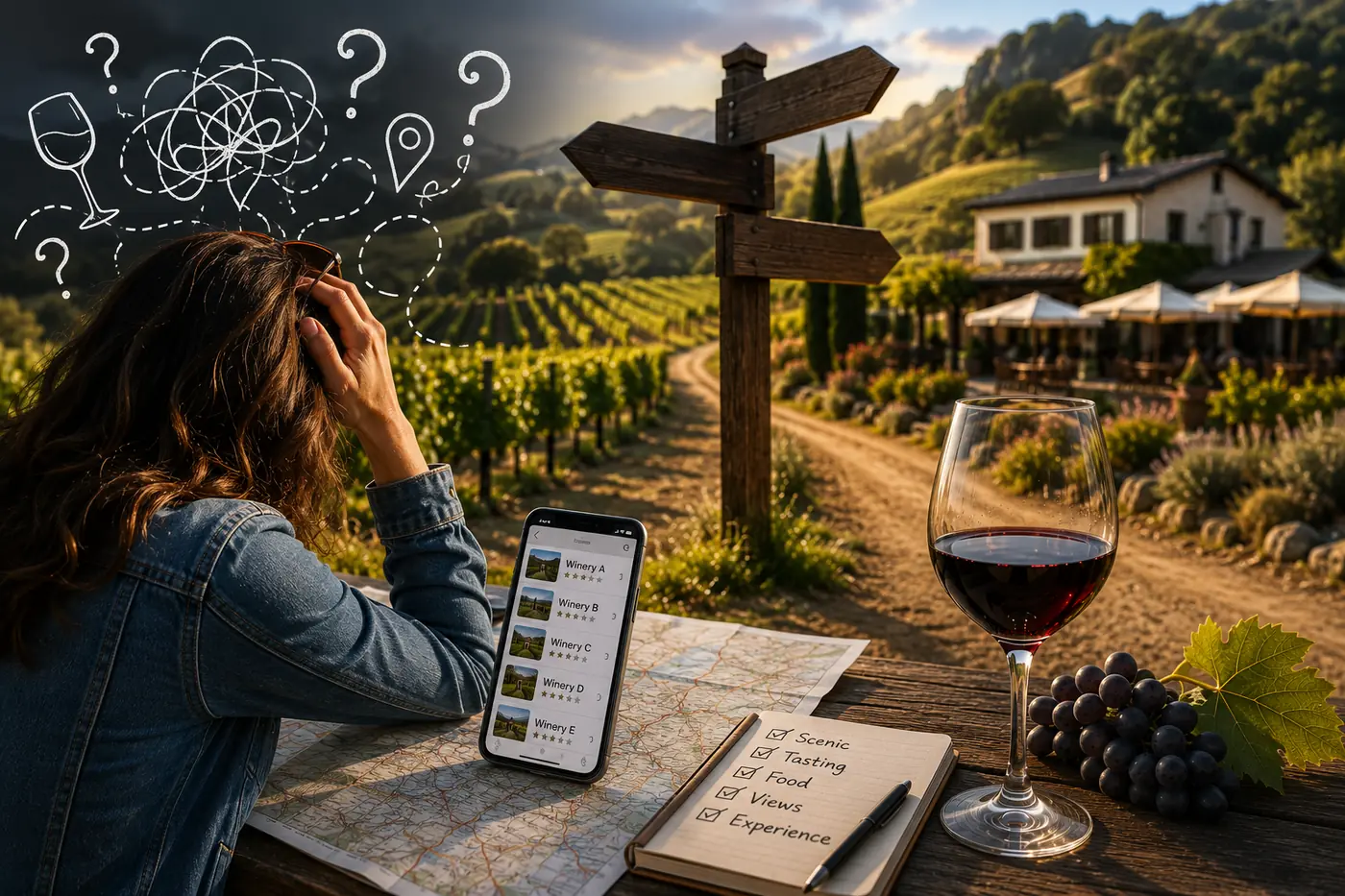 Napa Valley vineyards and tasting rooms at golden hour